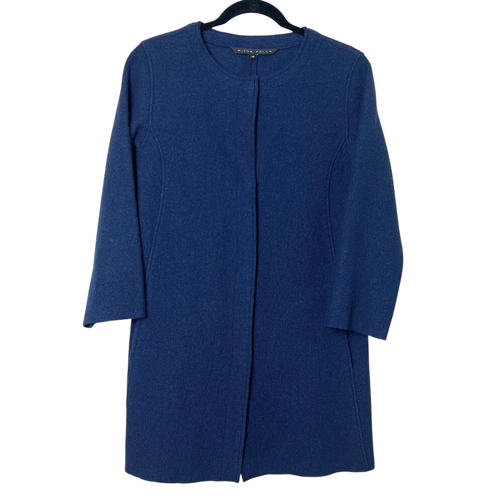 Ritva Falla Navy Blue Collarless Wool Coat Scandinavian Minimalism XS
